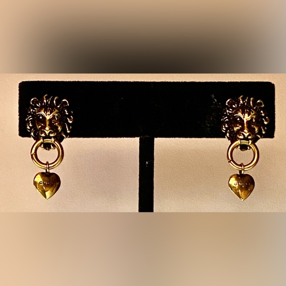 Gucci Lion Head Heart Drop Gold Plated Earrings - Picture 1 of 9